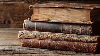 Stacked vintage books on rustic wooden surface in warm, inviting light