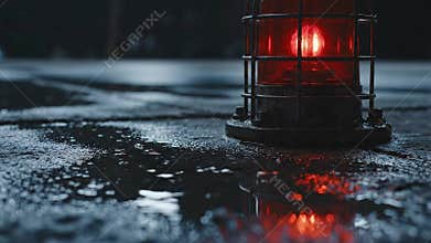 A Red Safety Lamp Illuminates Wet Pavement Reflecting Light on a Dark Evening