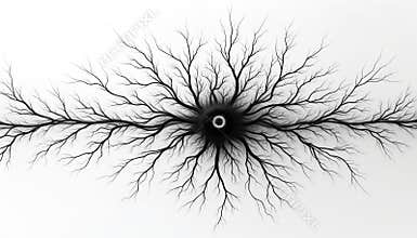 Black, white illustration of neural network. Neurons connect from central point. Branches radiate outwards, like tree. Abstract