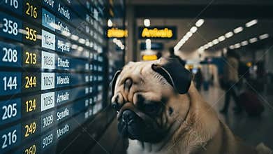 Adorable pug patiently waits at airport arrivals board anticipating reunion with owner on journey