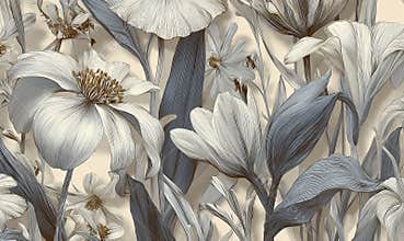 Watercolor wallpaper with brown lily leaves on a beige background resembles the appearance of water plants on a textured