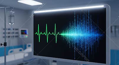 Medical monitor displays vital signs data and binary code in a modern hospital room setting