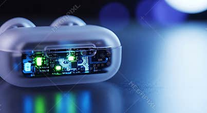 Futuristic Wireless Earbud Case with Glowing Circuit Board High Tech Electronics Digital Technology and Audio Innovation Concept