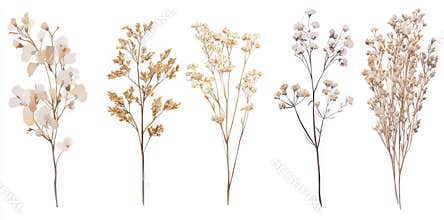 A watercolor floral illustration - wildflowers individual elements. Autumn fall dried flowers leaves branches. Wedding invitations
