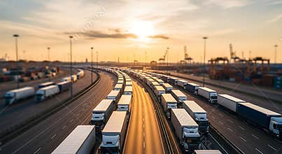 Long line of semi trucks on highway at sunset transporting goods to port terminals