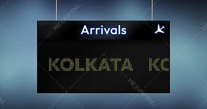 Digital motion graphics animation of an airport arrivals board displaying yellow text for Kolkata flights on a blurred