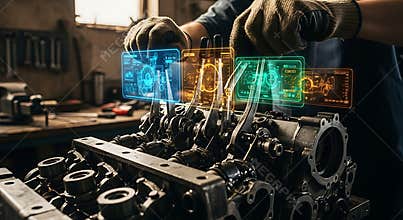 Mechanic analyzing engine data with augmented reality interface in a repair workshop