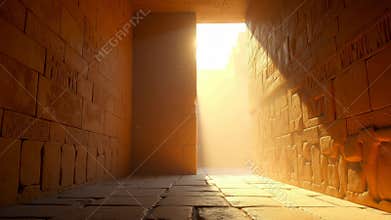 Ancient Egyptian temple corridor with hieroglyphics on stone walls and bright sunlight streaming through doorway. Golden light