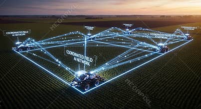 Global Communication Network Futuristic Overlay on Agricultural Field at Sunset