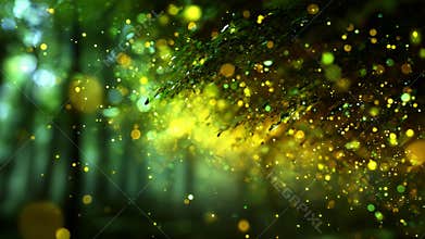 A Beautiful Forest Scene with Glittering Particles and Rays of Light Illuminating Lush Greenery, Creating a Magical