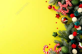 Christmas border with pine branches, candy canes, red and green baubles, stars and on yello