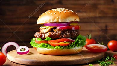 Burger Stack Featuring Juicy Beef Patty With Fresh Vegetables and Sesame Bun On Wooden Board