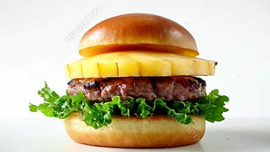 Burger Topped with Pineapple Patties and Lettuce on a White Background