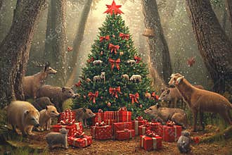 Magic of Christmas in a forest surrounded by joyful animals and gifts