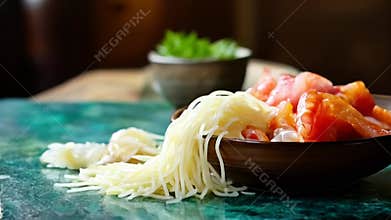 Noodles and Red Tomato Chunks in Bowl Resting on Green Marble Board with Green Herbs and Selective Focus