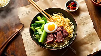 Overhead Shot Noodle Bowl with Egg Meat and Vegetables on Textured Wood Table