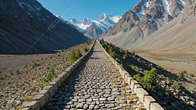 Stone paths in the valley below the snow capped mountains, Generative AI