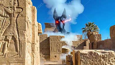 White mystical smoke or haze rises from the ruins of an ancient Egyptian temple, from which the mythical black-skinned GOD ANUBIS