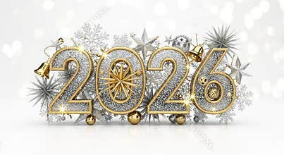 Silver numbers text of 2026 is decorated with gold accents, bells, stars, and snowflakes to celebrate happy new year. It