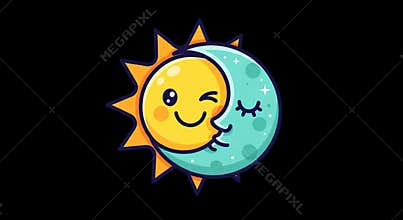 Whimsical Sun and Moon Embrace on a Black Background