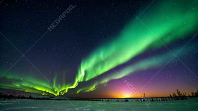 Snow landscape under the aurora night sky, Generative AI