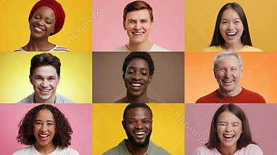 Diverse group of people expressing joy in colorful portraits
