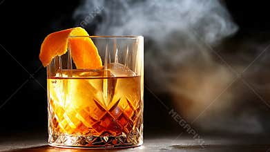 Sophisticated Cocktail with Whiskey Ice Orange Twist and Dramatic Smoke Effect
