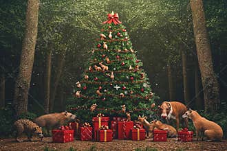 Magic of Christmas in a forest surrounded by joyful animals and gifts