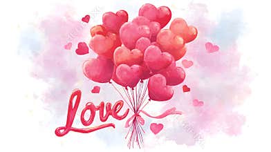 Watercolor Heart-Shaped Balloons Bouquet with the word Love. Romantic Valentine Celebration card Clipart. Watercolor