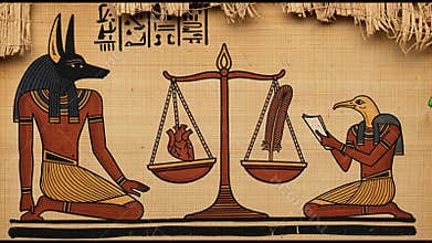 Ancient Egyptian art shows weighing of the heart against a feather with Anubis and the crocodile god