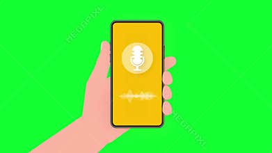 Hand holding smartphone with voice assistant microphone animation