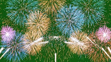 ?Multiple colorful fireworks exploding simultaneously in a grand display on a green screen background