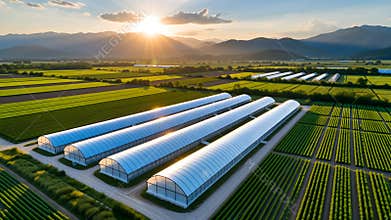 Golden Hour Serenity: Futuristic Greenhouses Amidst Mountainous Landscapes