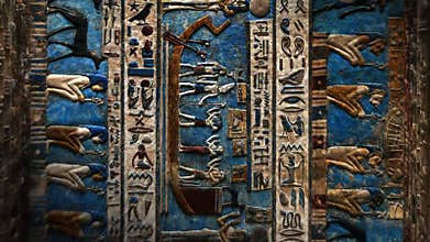 Hieroglyphic carvings and paintings on wall