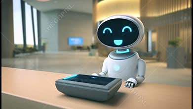 A friendly service robot scans a payment card at a modern reception desk in a bright lobby. This scene highlights AI customer