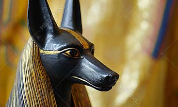 Ancient Egyptian God Anubis Statue with Golden Details Against a Blurred Background