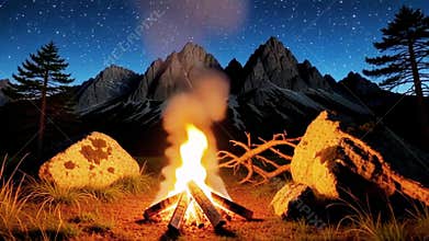 Warm Glowing Bonfire Burning Peacefully in a Beautiful Mountain Campsite Beneath Starry Skies