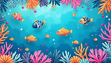 Cartoon Fishes Swimming Among Corals in a Bright Blue Sea