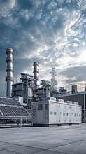 Industrial power plant rooftop with solar panel array energy backup system during peak demand under dramatic sky, efficient