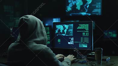 Hacker in Hoodie Breaching Company Servers, Encrypted Data Streams. Cyberattack Involving System Breakin, Identity Data