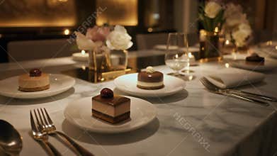 Elegant dessert table setting with chocolate cakes and fine dining utensils