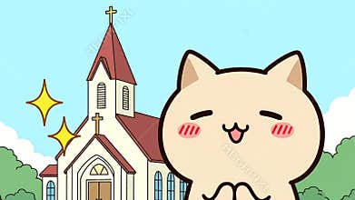 Cute Cat Praying in Front of Church
