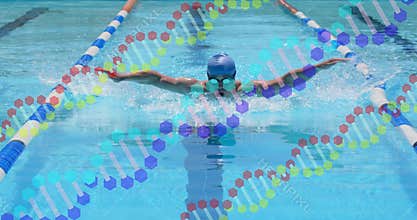 Swimming man doing butterfly stroke in lane, wearing tight suit blue cap mirror goggles hex overlay