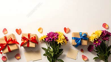 Gift boxes with flowers and hearts.