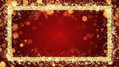 A luxurious gold glitter frame on a deep red background with shimmering bokeh lights, perfect for festive announcements, luxury