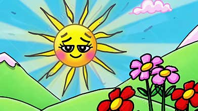 Cute animated smiling sun with blushing cheeks shining over green hills and blooming flowers under blue sky. Concept of cheerful