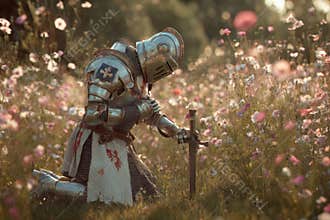 Crusader Knight Kneeling in a Meadow of Flowers While Paying Tribute to a Cross