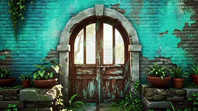 Old Rustic Arched Wooden Door with Verdigris Paint and Lush Planters