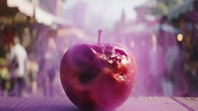 Magical purple smoke corrupts a fresh red apple causing it to instantly rot and decay on a market table
