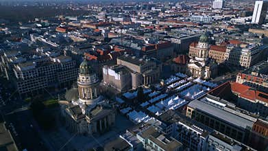 historic Gendarmenmarkt square in Berlin Germany. Smooth aerial view drone